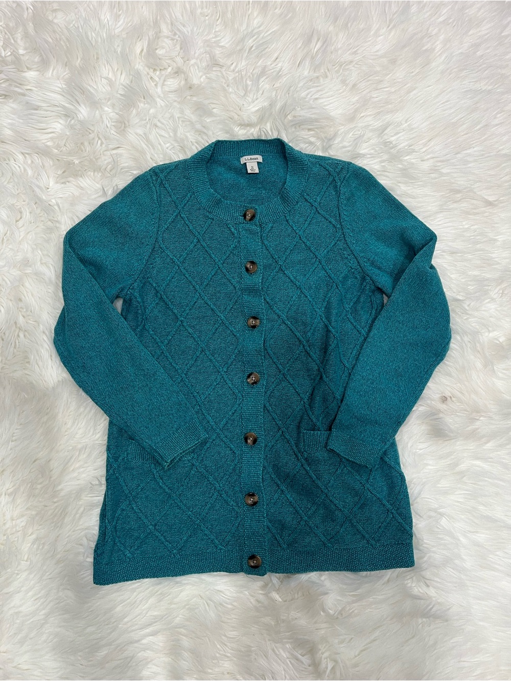 L.L. Bean Teal 100% Cotton Diamond-Knit Button Cardigan Sweater